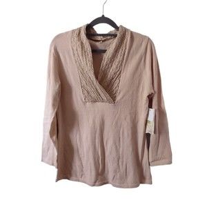 Reba Tan V-Neck Sweater Womens Small Long Sleeve Top